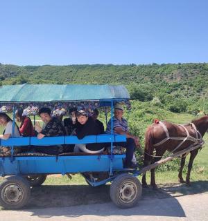 sekelompok orang yang mengendarai kereta kuda