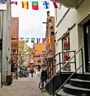 城市里挂满旗帜和楼梯的街道