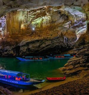 a group of boats are in a cave
