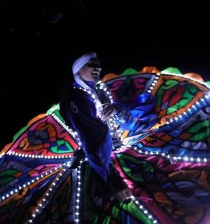 一名男子骑在大象背上，手里拿着一只蝴蝶