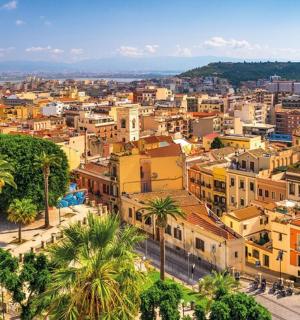 an overview of a city with palm trees and buildings