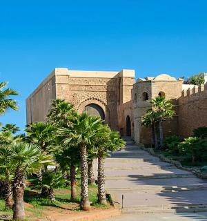 a building with palm trees in front of it