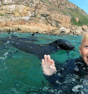 a young boy in the water with a dog