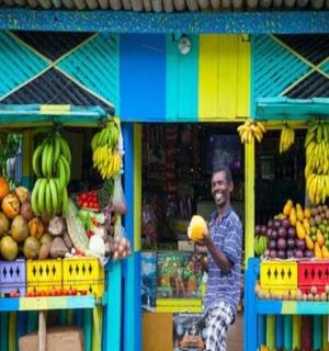 a man is standing in front of a fruit stand