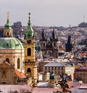 a view of a city with a clock tower