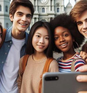 一群人正在看平板电脑