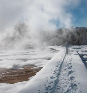 a person is walking down a snow covered path