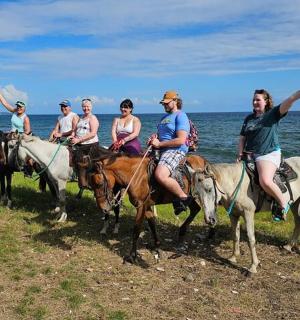 a group of people riding horses on the beach