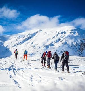 一群人在白雪皑皑的山上滑雪