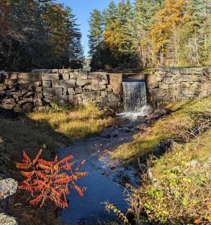 kamenná zeď vedle malého vodopádu