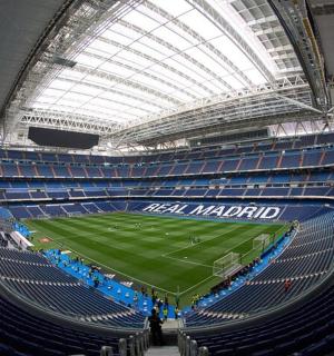 a view of a soccer field in a stadium