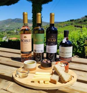 four bottles of wine and cheese on a wooden table