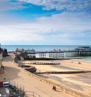 a view of a beach with a pier