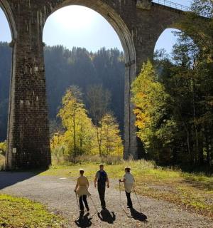 三个人沿着桥下的路行走