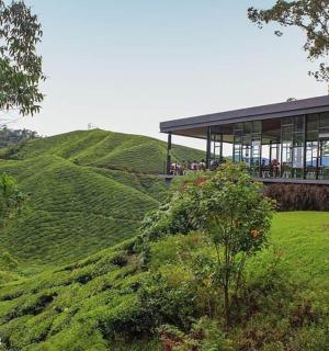 a building sitting on top of a green hill