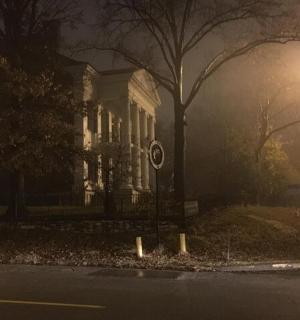 一栋白色的房子，前面有一棵树