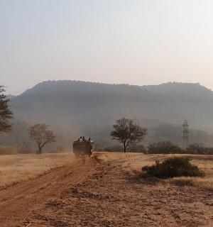 skupina lidí jedoucích vlakem po nezpevněné cestě