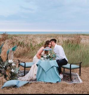 新娘和新郎坐在田野里的桌子旁