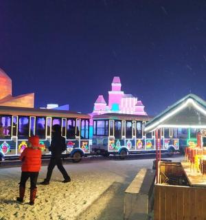 a group of people standing in front of an ice festival