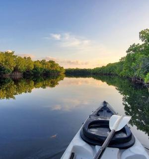 loď na řece s pádlem v ní