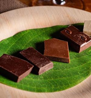 绿叶上的一盘巧克力甜点