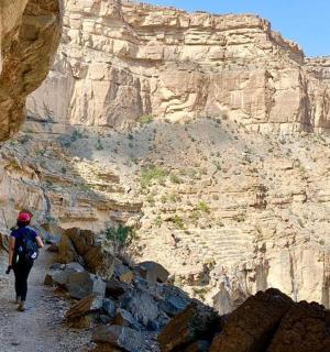 一个人在山间峡谷行走