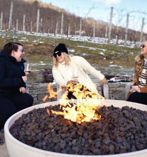 a group of women sitting around a fire pit