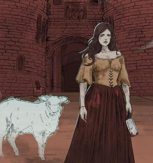 eine Frau steht vor einem Gebäude mit Schafen