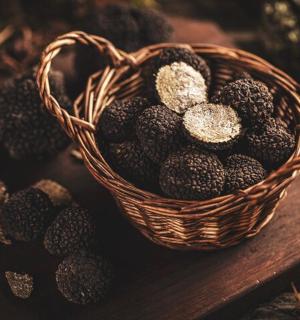 Košík černých lanýžů na dřevěném stole