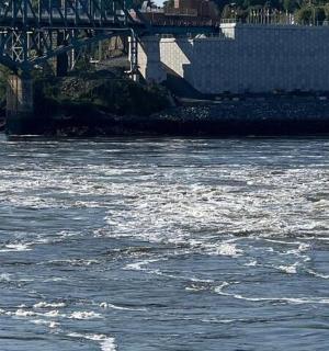 河流景观,背景中有一座桥