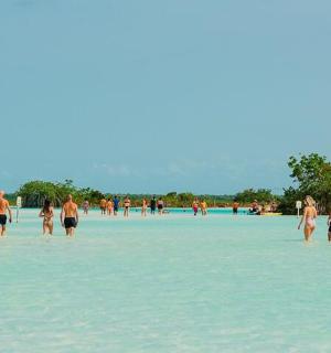 一群人站在海滩上的水中