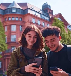 ein Mann und eine Frau schauen auf ihre Handys