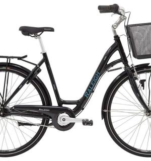 a black bike with a basket on it