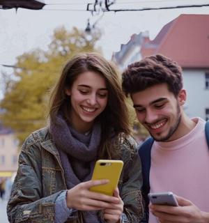 一名男子和一名女子正在看手机