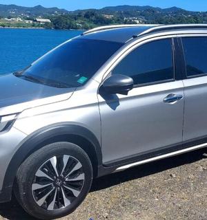 一辆银色SUV停在水边