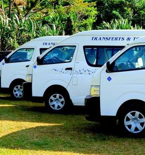 三辆白色货车并排停在草地上