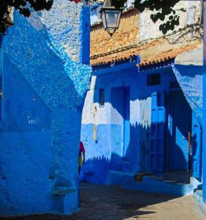 一条蓝色小巷,旁边有一栋蓝色建筑