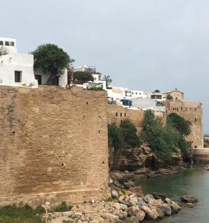 河边的一堵大砖墙，旁边有建筑物