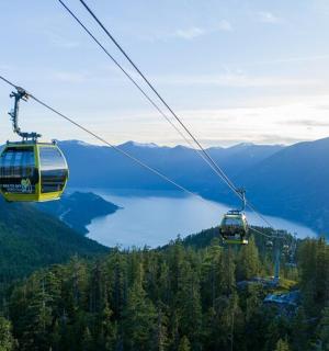 两艘缆车飞越山间的湖泊