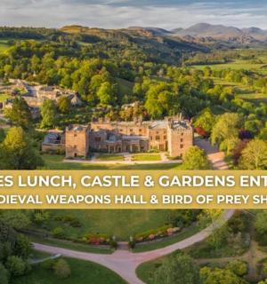 an aerial view of a castle and gardens with the words medieval weapons hall and bird