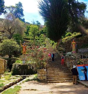 a group of people walking up a set of stairs