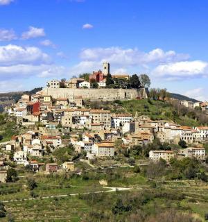 a village on a hill with a castle on top