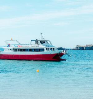 a red and white boat sitting in the water