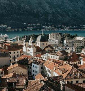 a view of a city with buildings and the water