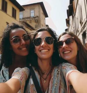 three women wearing sunglasses posing for a picture on a street