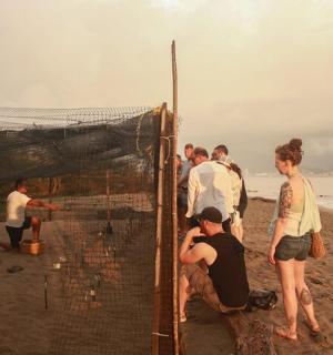 a group of people standing around a cage on the beach