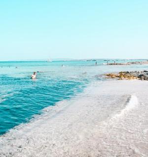 a beach with a group of people in the water