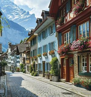 空荡荡的街道，背景是建筑物和山脉