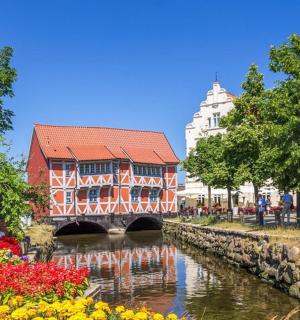 一座横跨鲜花盛开的城市的河流的桥