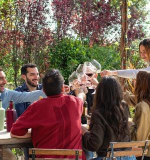 skupina lidí sedících kolem stolu a popíjejících víno